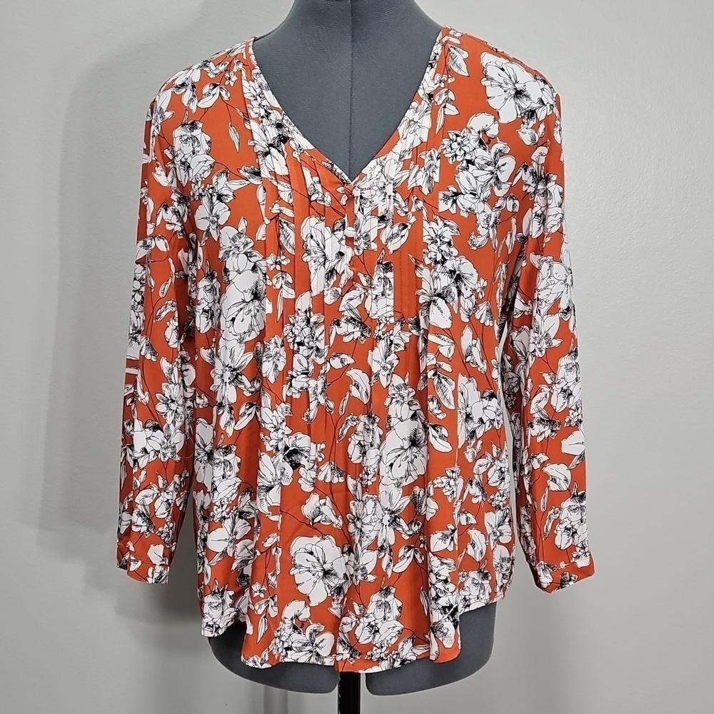 Fun 2 Fun Stitch Fix Maley Floral Pleated Top Orange Flowy Tunic Women's Small